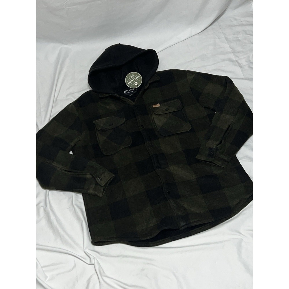 Matix Sherpa Lined Flannel Jacket Mens Large Green Black Plaid Hooded Workwear
